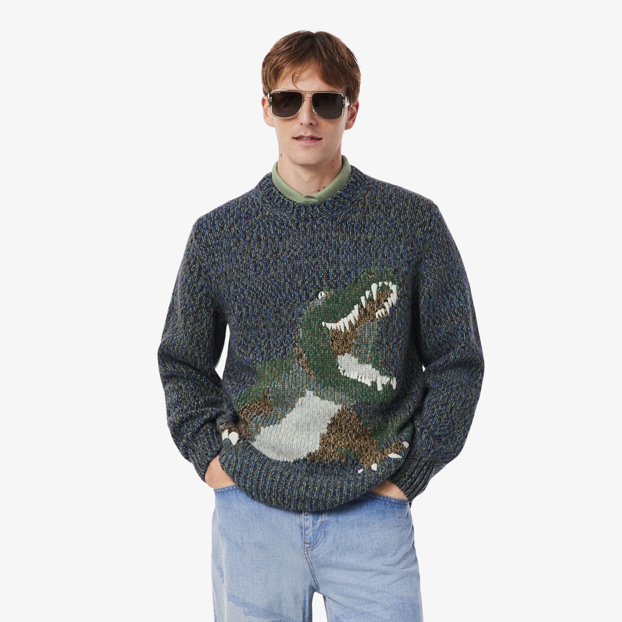 Mercerized Knit Intarsia Crocodile Sweater in Bleu France Mouline