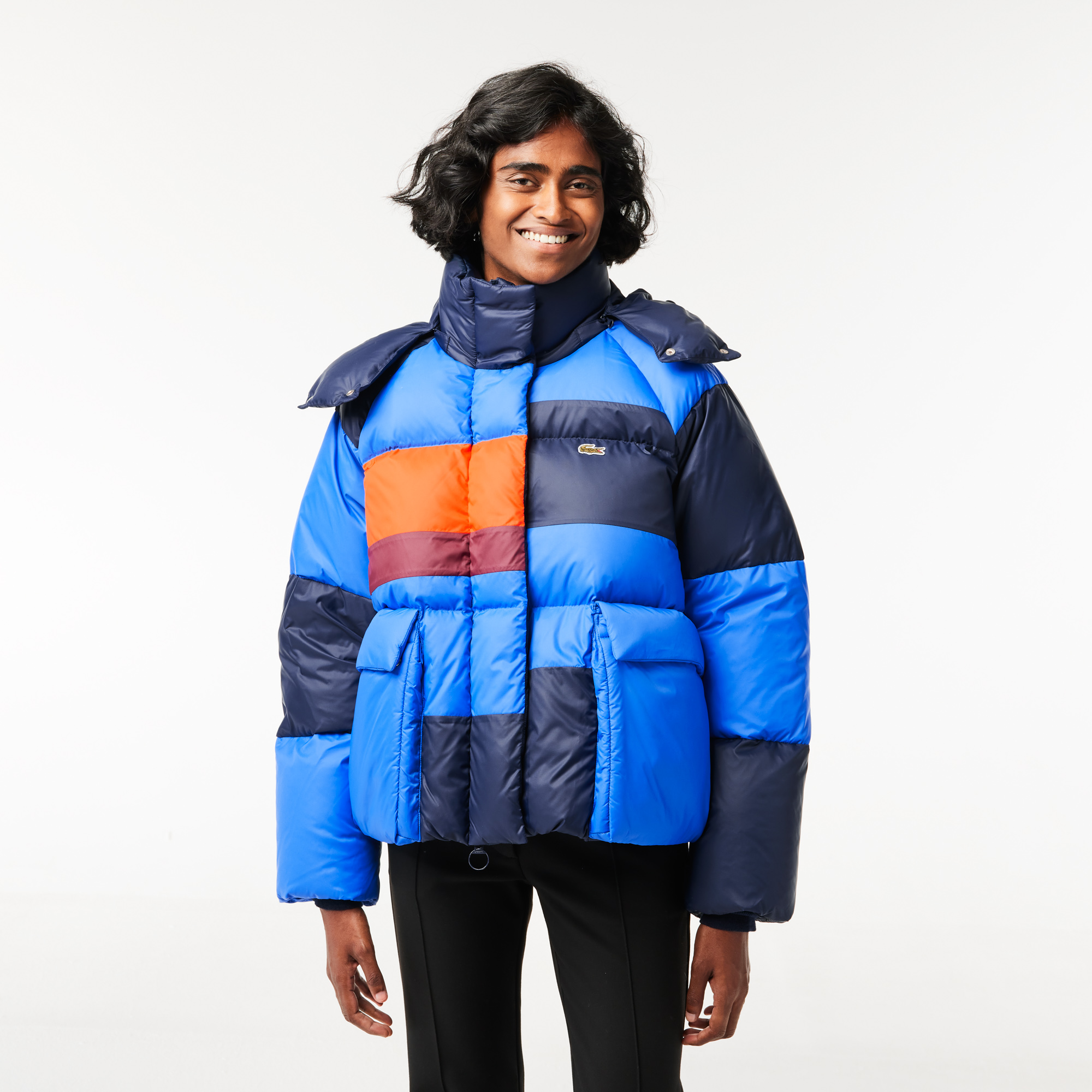 Oversized Colourblock Down Jacket, Adjustable Hood in Navy Blue