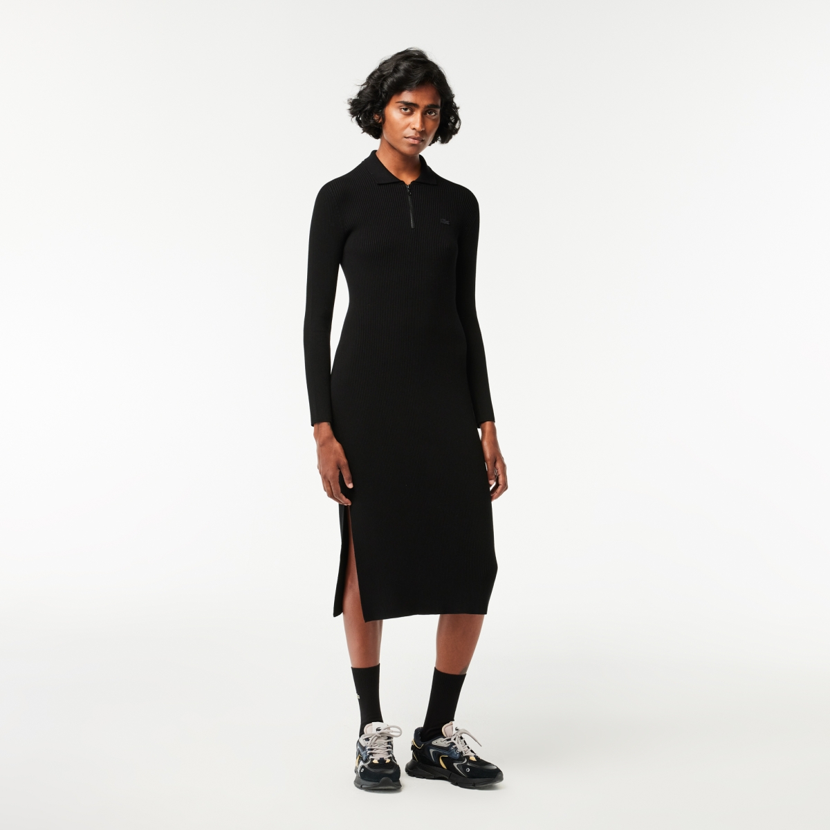 Long, Seamless Knit Ribbed Polo Dress