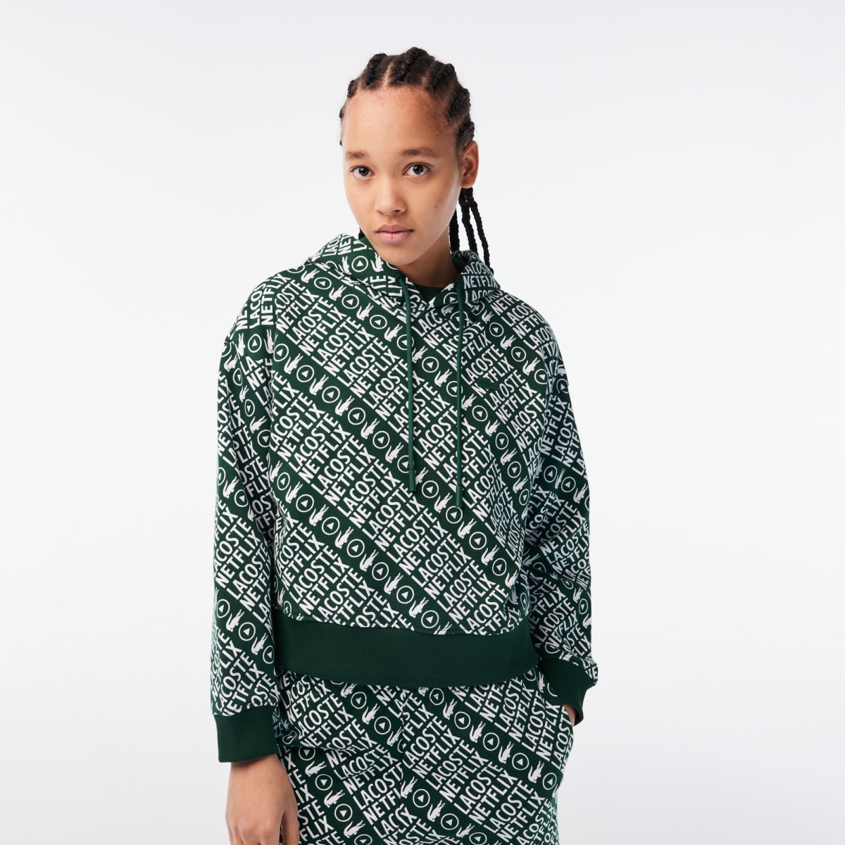 LACOSTE NETFLIX ルーズフィット パーカー US L Lacoste x Netflix Men's Loose Fit All Over Pullover Hoodie Green