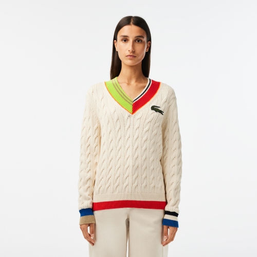 Women’s Lacoste Cable Knit Colour Twist V-neck Sweater