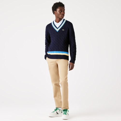 Men's Lacoste Classic Fit V-Neck Contrast Striped Wool Sweater