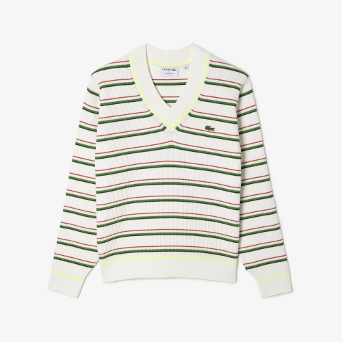 Men’s Lacoste Striped French Made V-Neck Sweater