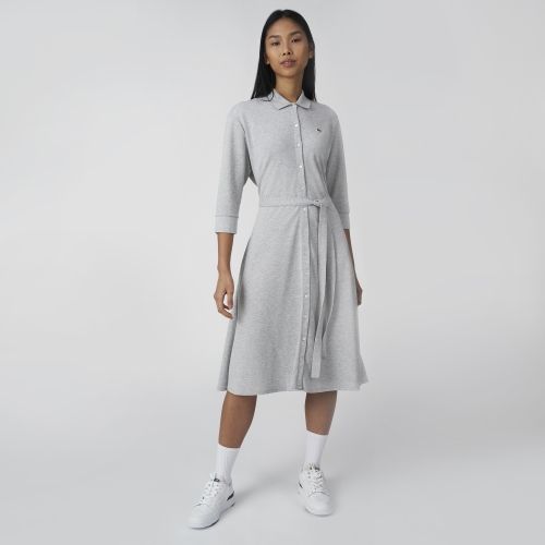 Women's Knee-Length Buttoned Belted Cotton Piqué Polo Dress